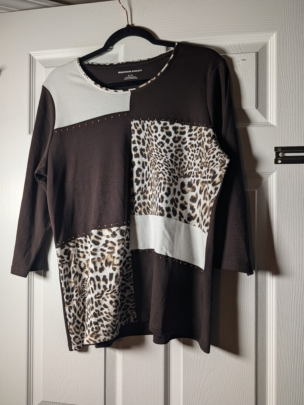 Allison Daley XL Brown Leopard Print Colorblock 3/4 Sleeve Cotton Top